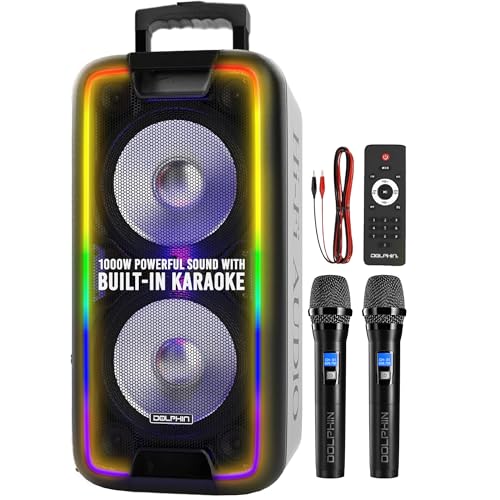 Dolphin Dual 10' Bluetooth Party Speaker - 1000W Big Speaker with 2 Wireless Microphones, Powerful...