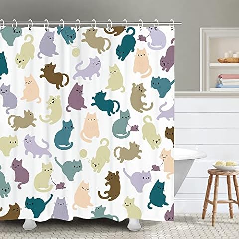 Niedlicher Katzen-Duschvorhang für Kinder, Cartoon-Tiermuster, Duschvorhang, wasserdichter Stoff Cover
