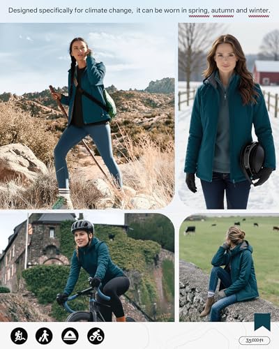 33,000ft Damen Softshelljacke mit Abnehmbarer Kapuze Wasserdichte Atmungsaktiv Fleece Gefütterte Winterjacke Winddichte Übergangsjacke Funktionsjacke zum Radfahren, Wandern, Petrolblau L