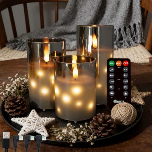 Image of LEDHOLYT Rechargeable Glass LED Flameless Candles, Embedded Star String Flickering Flameless Candles for Romantic Ambiance and Home Decoration with Remote & Timer(Gray)