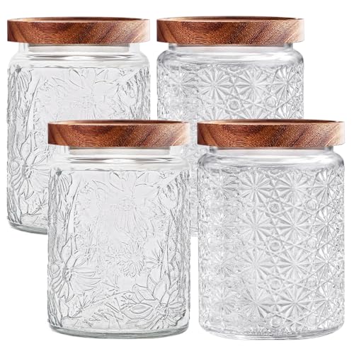 Image of Vintage Glass Jars with Wooden Lids, 4 Pack 24 oz Airtight Glass Food Storage Containers Sets for the Kitchen, Sugar Coffee Candy Spice Cookie Tea Pasta