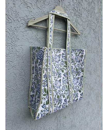 Image of Quilted Cotton Hand printed Reversible Large multicolor cotton Tote Bag,Indian Handmade Block Printed Tote Bag Women Handbag
