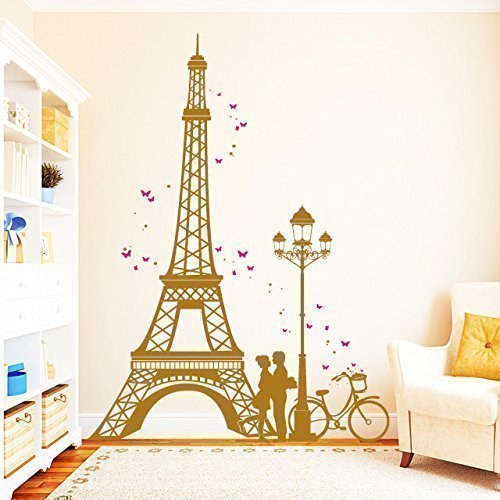 Wandtattoo-Loft  Torre Eiffel Paris con Pareja de Enamorados Dos Colores - Tatuaje de Pared / 49 Colores/4 Tamaños - Turquesa, 80 x 107 cm