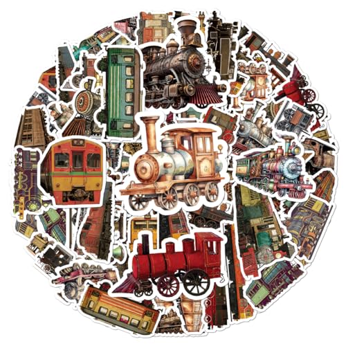 Vintage Train Stickers Pack 50Pcs Vinyl Waterproof Decals for Scrapbook Laptop Luggage Journal DIY Crafts Kids Hobbyist Railway Collector Aesthetic Transportation Theme