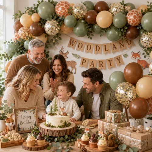 Image of Green and Brown Balloons, 12 Inchs Sage Green Deer Print Gold Confetti Balloons for Kids Woodland Baby Shower Decorations Safari Jungle Dinosaur Theme Birthday Party Wedding Grauation Supplies