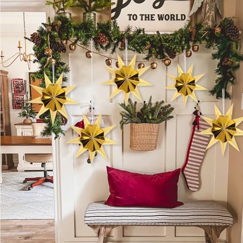 Image of 12 Inches 5 PCS Gold Paper Star Lanterns Christmas Party Decorations Hanging Stars Wedding Birthday Christmas Home Party Decorations(9 Pointed)