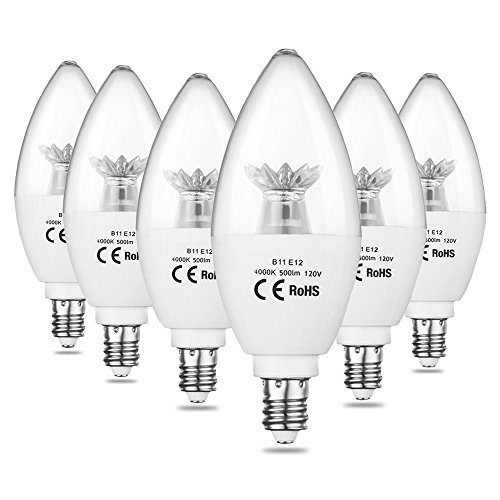 AED Lighting LED Candelabra Bulb, 50-Watt Light Bulbs Equivalent, LED 5Watt 2700K Chandelier Bulbs, Decorative Candle Light Bulb E12 Candelabra Base, 400lm, Torpedo Shape, 6 Pack