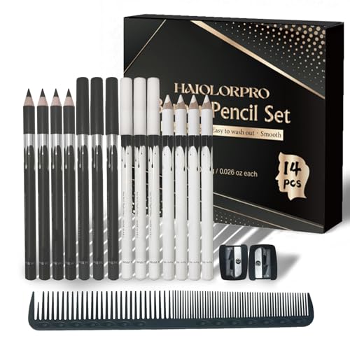 HAIOLORPRO 14PCS Barber Pencil for lineup White Black Magic Hairline Pencil Beard Shaping Guide Pen with 2 Sharpeners and 1 Styling Comb Barber Chalk for Men Hair Beards Makeup Design