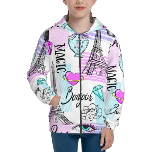 Eiffel Tower and Hearts Kid Hoodies Boys Zip Up Sweatshirts Girls Pullover with Pocket3