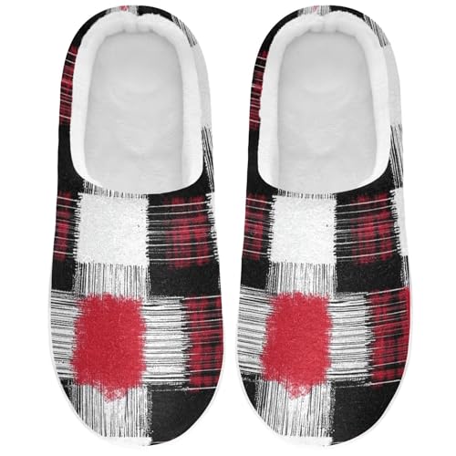 JUNZAN Buffalo Plaid Check White Red Womens Cotton House Slippers Non Slip Memory Foam Foam Slippers for Spa Christmas Presents 6-7