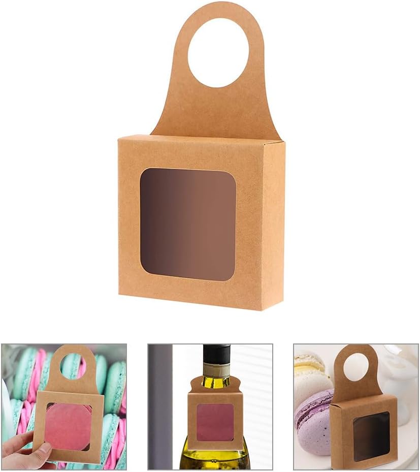 Amosfun 12pcs Kraft Paper Wine Bottle Box with Window Foldable Tag Boxes Hanging Candy BoxesTruffles Chocolate Cookies Boxes