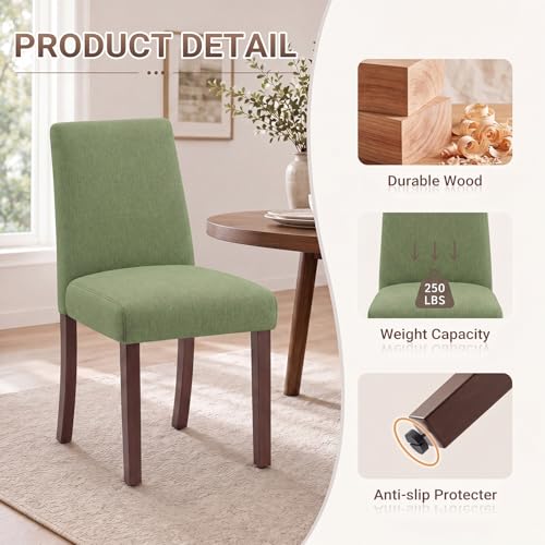 Image of Upholstered Dining Chairs Set of 2, Mid-Century Dining Room Chairs with Wooden Legs, Farmhouse Fabric Parsons Chairs for Small Space Restaurant & Cafe- Green
