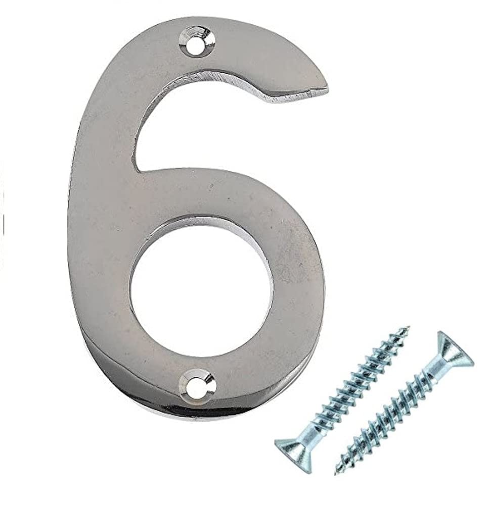 Merriway Chrome Bh03005 Polished Screw-On House Flat Gate Post Numeral 50 Mm (2 Inch) Number 6