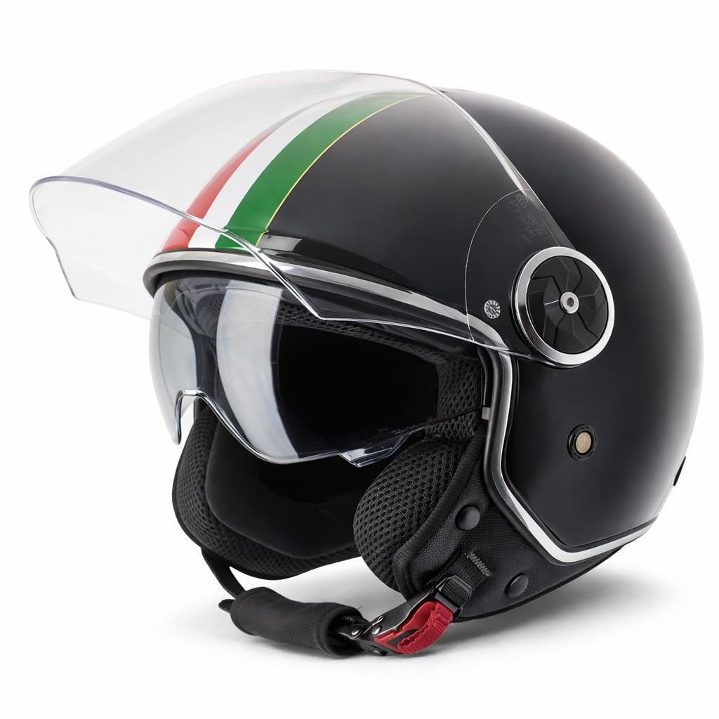 VINZ Neiva Jethelm mit Doppelvisier | Roller Helm mit Italienische Flagge & mit Sonnenblende | In Gr. XS-XXL | ECE 22.06 Zertifiziert | Motorradhelm mit Visier | Viele Farben Erhältlich - Schwarz