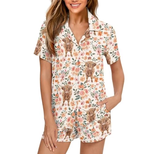 SCRAWLGOD Highland Cow Womens Pajama Sets Summer...