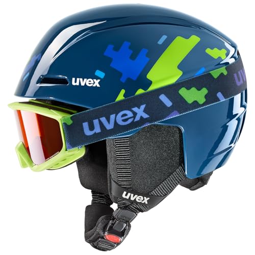 uvex viti Set Skihelm & Kinderskibrille, Blue Puzzle, 51-55 cm