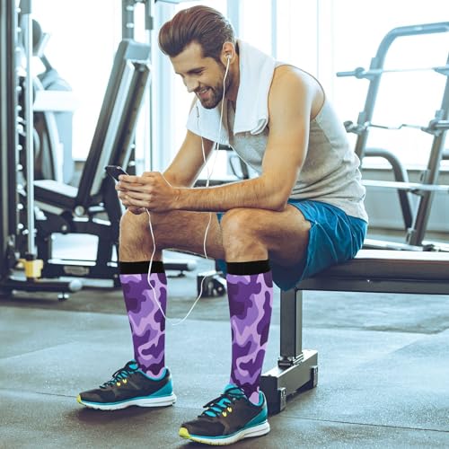 Image of Compression Socks for Men and Women Purple Camo Knee High Socks Support Military Camouflage for Athletic Sport Running Hiking Fitness