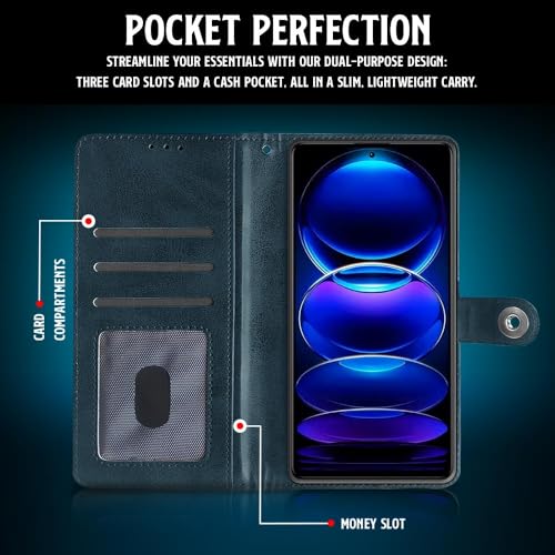 Image of WOW IMAGINE Shock Proof Flip Cover Back Case for Redmi Note 12 Pro 5G (Magnetic Button Flip Case | Wallet Pockets & Stand | Leather Finish | Oxford Blue)
