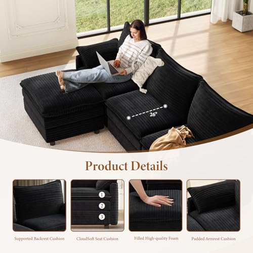 Image of Vesgantti 142 inch Oversized Sectional Sofa Bed, 8-Seater Modular Sleeper Cloud Couch with Movable Ottoman, Corduroy Convertible Sofa Set Deep Seat Couches for Living Room, Bedroom and Apartment, Black