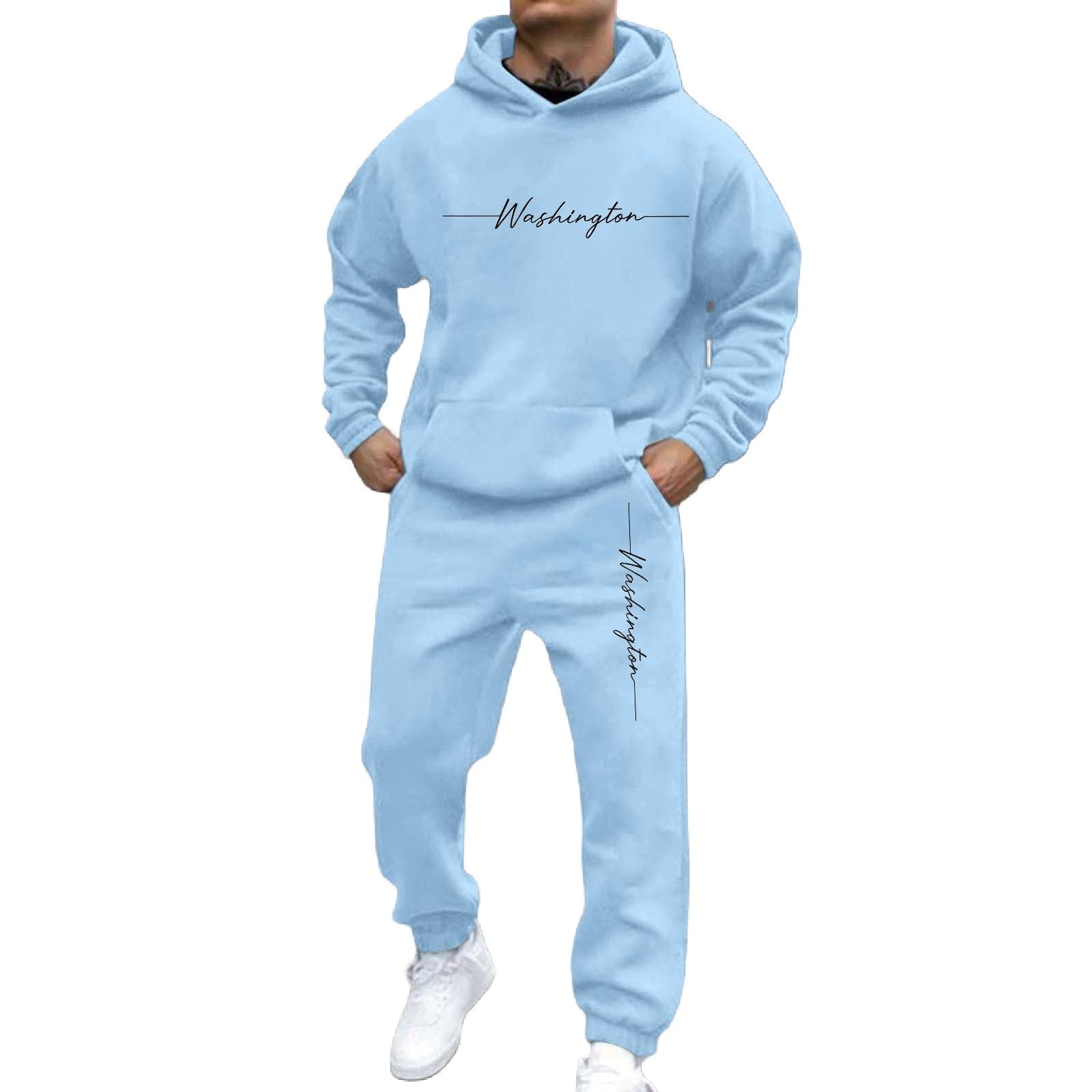 Générique Męski zestaw do joggingu 2 sztuki bluza z kapturem dół do biegania polar zimowy ciepły sportowy strój z długim rękawem kieszenie miękka wygodna casualowa sportowa A59