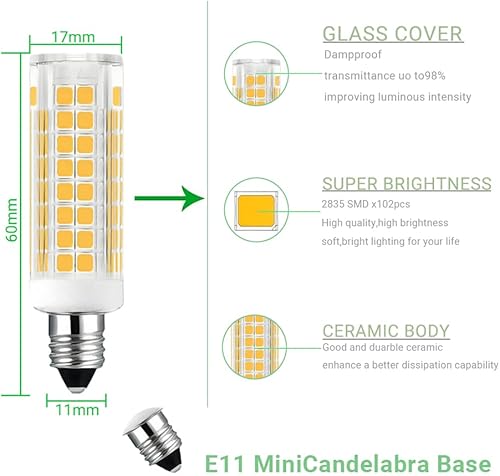 Miniatura 2 de Bombilla LED E11 de 120 V, 7 W, T4, tipo JD, equivalente a halógena, T4, 75 W, base de mini candelabro (2 unidades, luz blanca diurna, 6000 K)