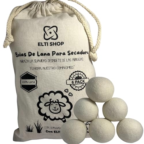 ELTI SHOP Pack De 6 Bolas de Lana para Secadora: Suavidad Natural y Eficiencia para tu Ropa, No Puede Faltar En Ningun Hogar, Ahorro Energetico. (Blanco)