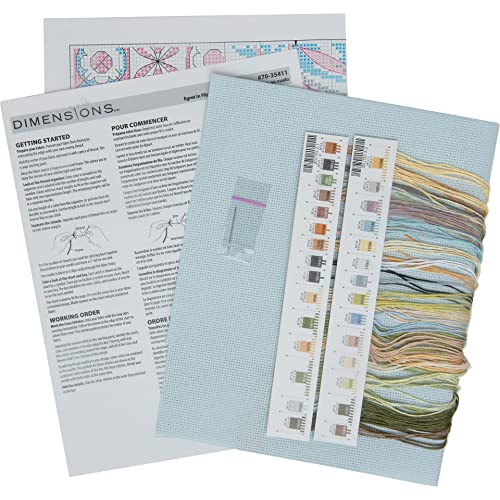 Image of Dimensions 70-35411 Egret in Flight Counted Cross Stitch Kit for Beginners, 14 inch x 9 inch, 14 Cnt. Light Blue Aida, 4pcs