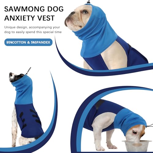 Image of SAWMONG Dog Anxiety Vest, Breathable Calming Shirt Adjustable Chest & Hood for Dogs, Soft Pet Stress Relief Calming Coat Wraps Ears for Noise, Thunderstorms, Fireworks and Separation(Blue, Large)