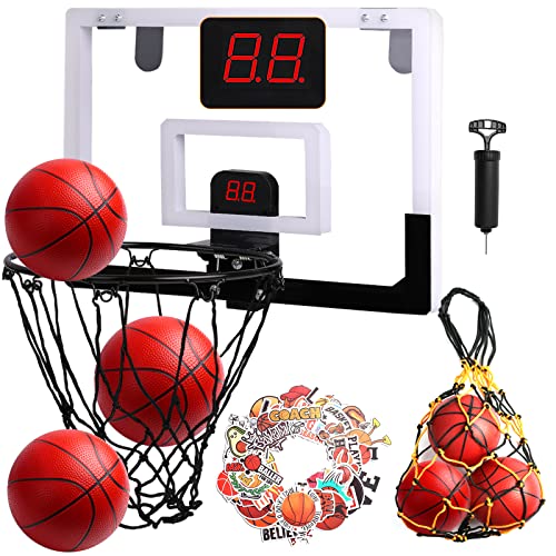 Kqpoinw Mini Basketball Hoop for Door，Over The Door Basketball Hoop Indoor with Electronic Scoreboard, 3 Balls,Ball Bag and Basketball Stickers, Indoor Basketball Hoop,Gifts Toys for Kids,Boys,Teens