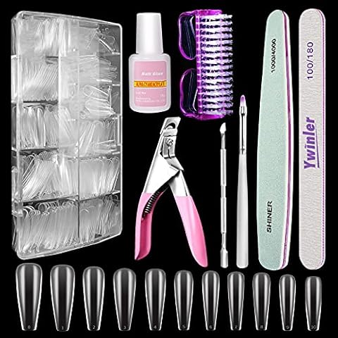 Ywinler Artificial Nails False Nail Long Coffin Shape Tips Nails with Box and Nail Clippers Cuticle Pusher and Nail File Cover
