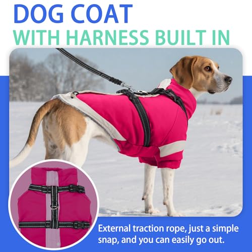 Image of MIGOHI Snowproof Dog Jacket with Harness in a Chilly Day,S,Rosered | Reflective Small Dog Coat with Sleeves Waterproof Fleece Winter Puffer Jacket for Dogs,Turtleneck Puppy Coats for Outdoor
