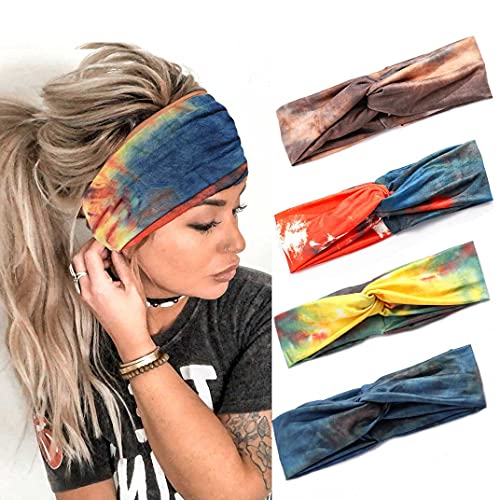 Catery Boho Wide Headbands Criss Cross Headband Headpiece Tie Dye Knotted Head Wrap Bandana Hair Band Vintage Cloth Elastic Fabric Hairbands Vintage Hair Accessories for Women(Pack of 4)