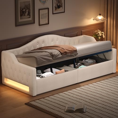 Idemon Divano letto imbottito 90x200 con barra luminosa fantasia e spazio di archiviazione sotto, (Beige, 90x200 cm)