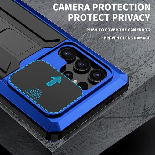 Compatible for Samsung Galaxy S25 Metal Case with Slide Camera Cover Built in Screen Protector Full Body Hybrid Stand Military Heavy Duty Armor Aluminium Silicone Case for Man Construction Blue by FunnyWin - Used condition - Image 2