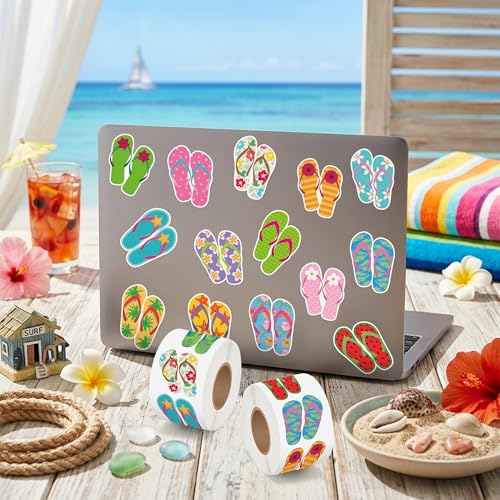 Image of Summer Flip Flop Sticker - 2 Roll Waterproof Vinyl Residue Free Removal Self-Adhesive Sandal Decals with Vibrant Color for Laptop Water Bottle Scrapbook Suitcase Party Favor Craft Supplies