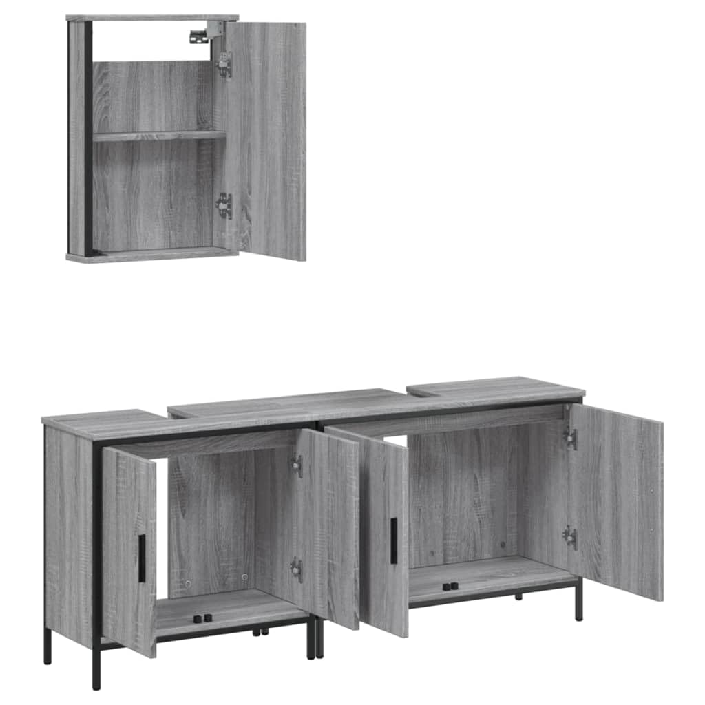 SYDE Set Muebles de Baño 3 Pzas Madera Gris Sonoma | Con Espejo, Montaje en Pared, Resistente a Humedad, Amplio Almacenaje