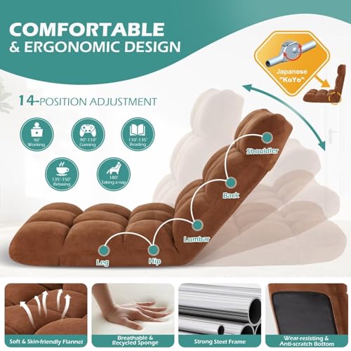 Image of Folding Floor Gaming Chair 14-Poistion Cushioned Adjustable Floor Lazy Sofa Chair w /Breathable Cotton & Skin-Friendly Flannel for Adults & Kids Perfect for Reading Gaming Meditating, Brown