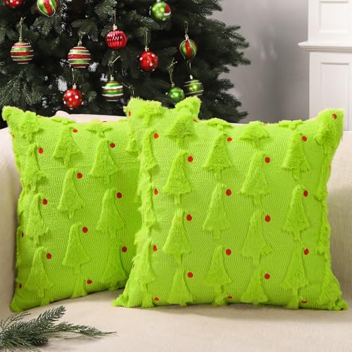 Heirloom Haven Christmas Pillow Covers Set of 2 Green Xmas Tree Red Ball Winter Soft Plush Faux Fur Jacquard Couch Cushion Case Holiday Farmhouse for Sofa Home Decor 18 x 18 Inch (Green1)