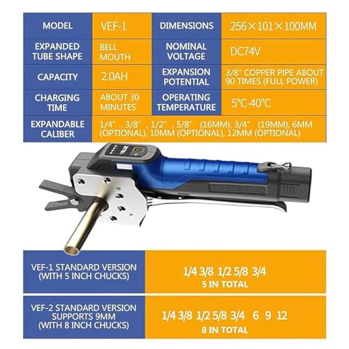 Outil d'évasement électrique 2 en 1, tube excentrique à 45° avec LED, mandrin de serrage pour tuyaux en cuivre souple/aluminium/laiton, sac de transport, métrique et pouces, 5 Chucks