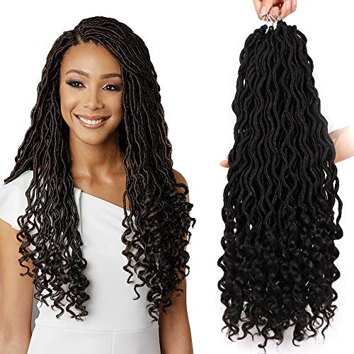 6 Packs/Lot Wavy Goddess Locs Curly Faux Locs Crochet Hair Soft Synthetic Braiding Hair Extensions With Curly Ends Dreadlocks Braids 24 Strands/Pack (20inch, 1B)