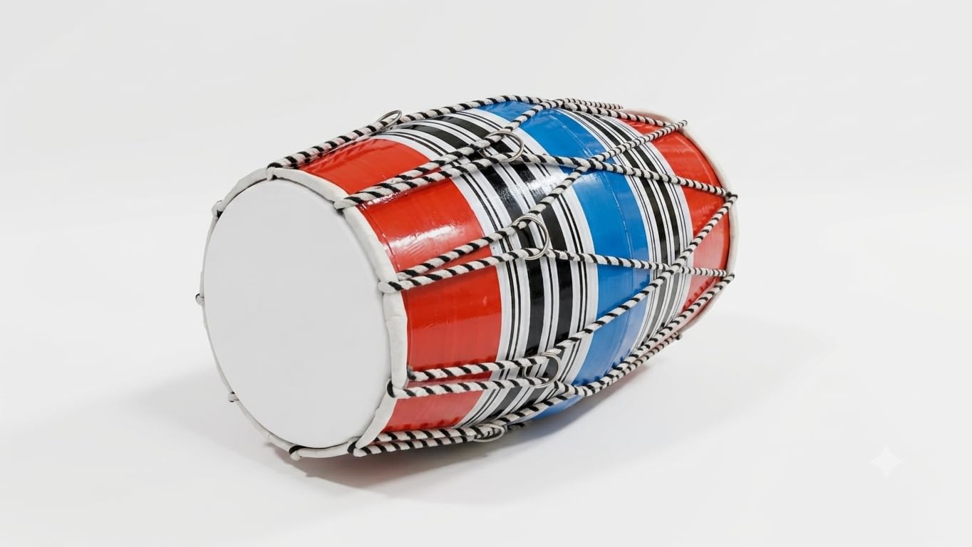 Dholak Traditional Indian Musical Instrument, Multicolour Striped Body with Rope Tuning-image-46