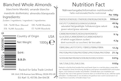 Seba Garden Blanchierte ganze Mandeln, 1000 g– gentechnikfrei, roh, nicht pasteurisiert, ungesalzen, Keto, Paleo, koscher, Bulk, reich an Proteinen, Ballaststoffen, Backmandeln, Kupfer