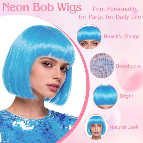 Image of MEEZY 2 Pcs Colorful Bob Wigs with Bangs Pink Sky Blue for Women, Neon Funny Wig Short Bob Hair with Heart Sunglasses Hair Cap for Halloween Costume Cosplay Birthday Bachelorette Party Carnival