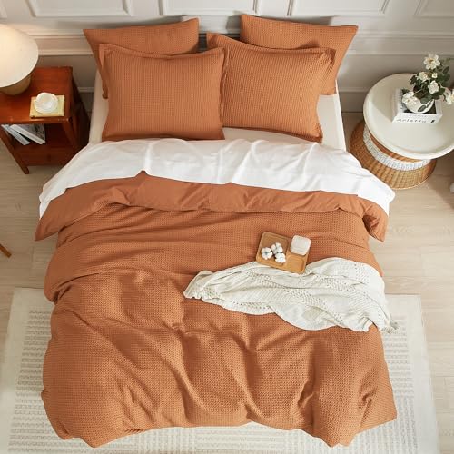 SE SOFTEXLY Waffle Duvet Cover King, 100% Cotton Waffle Weave Bedding Duvet Cover Set, Soft and Breathable Comforter Cover for All Season, 3 Pieces Including Pillow Shams(Terra Cotta, 104”x90”)