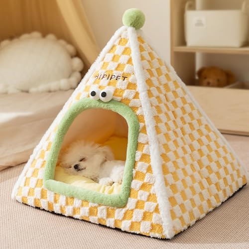 VanderHOME 猫ベッド 猫ハウス ペットベッド 冬用 ペット用寝袋 クッション付き キャットハウス ドーム型 暖かい ふわふわ 折りたたみ式寝マット 犬猫兼用 室内用 寒さ対策 保温防寒 小動物用 M