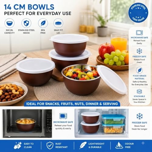 Image of Zaib Stainless Steel Microwave Safe Serving Bowl 500 ml, 14 cm
