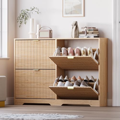 Image of BORNOON Large Shoe Cabinet for Entryway, Shoe Rack Cabinet with 4 Flip Drawer and Adjustable Shelves for Small Apartment, Foyer