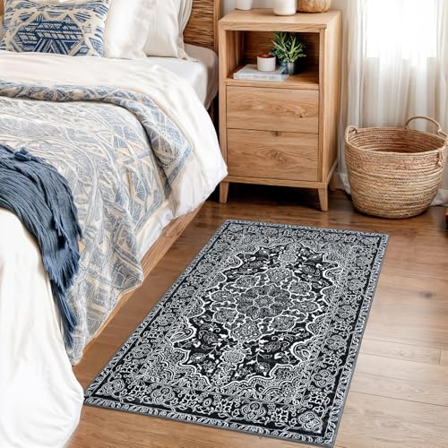KUTA Oriental Medallion Small Area Rug 2x3 Black Washable Non-Slip Entryway Rugs Soft Printed Retro Vintage Floral Accent Rug for Farmhouse Kitchen Throw Doormat for Entrance