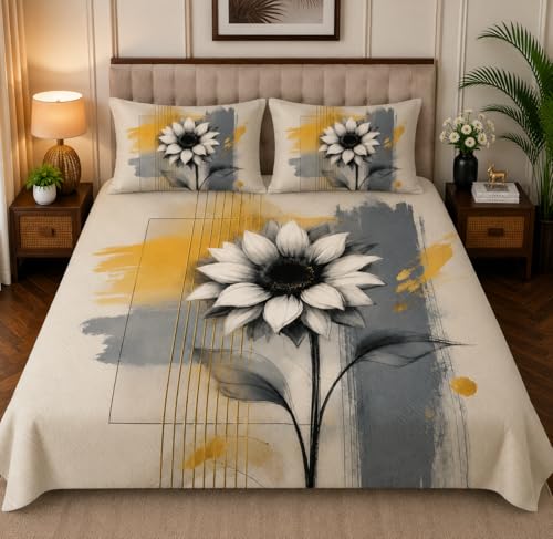 Image of 7D Digital Printed King Size Bedsheet with 2 Pillow Covers | Soft Premium Cotton Feel Microfiber Double Bed Bedsheet|Breathable,Wrinkle Free & Fade Resistant|(Cream&Yellow,KingSize-225x250CM)