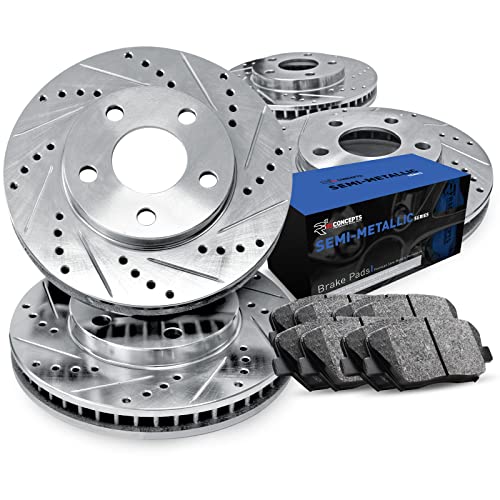 Image of R1 Concepts Front and Rear Brake Kit Fits 2005-2021 Chrysler 300; 2009-2021 Dodge Challenger; 2006-2021 Dodge Charger| Semi Met Brake Pads and Drilled Slotted Brake Rotors| 13.6 inch Front & 12.6 inch Rear